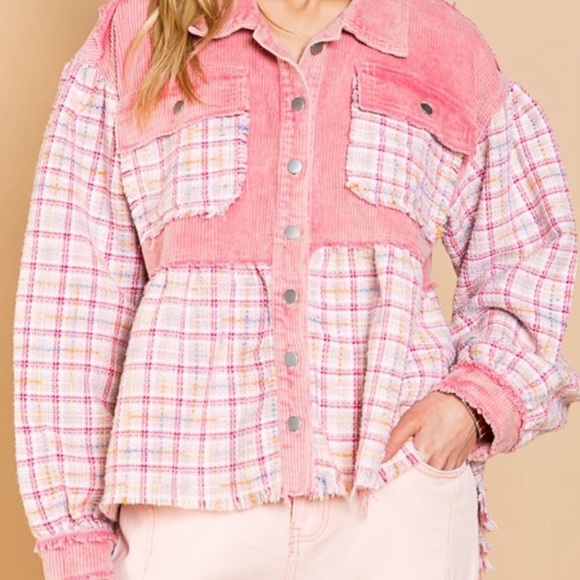 Corduroy Tweed Ballon Sleeves Button Down Pink Woman’s Shacket Jacket - Picture 5 of 9